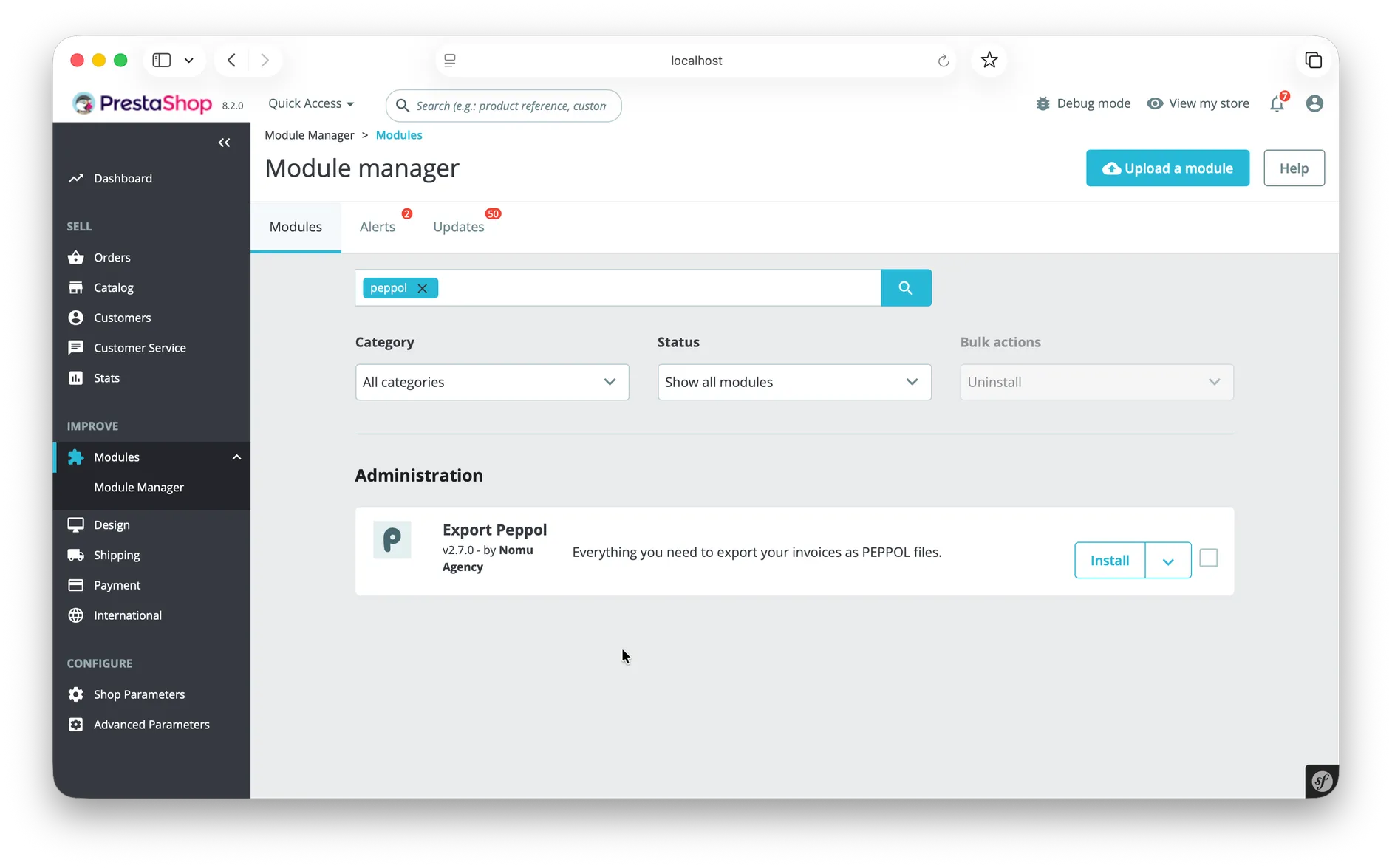 Screenshot of the PrestaShop Module Manager showing the install button for the Peppol UBL Downloader